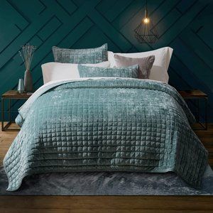 Aqua Green Blue Soft Quilted Squares Velvet Quilt Bedding 3pc Set Queen Size Bed
